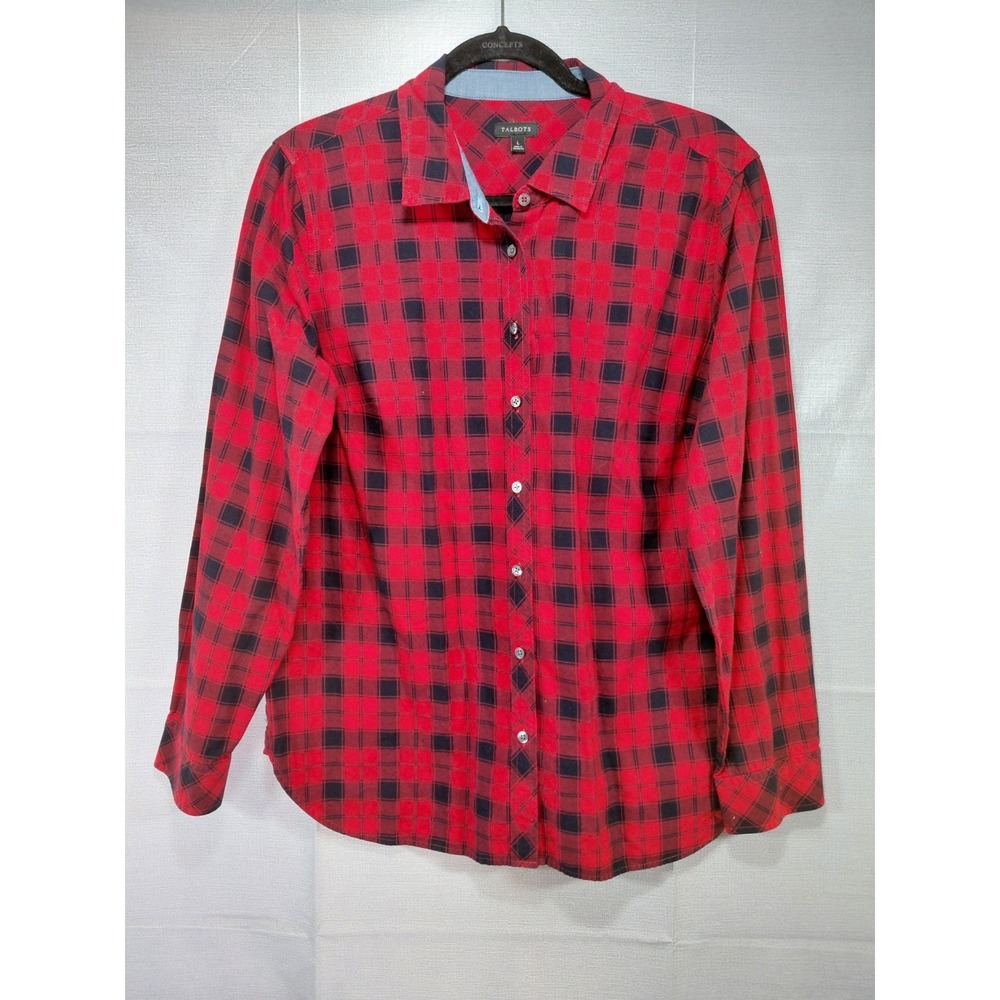 Talbots Plaid Check Long Sleeve Button Up Shirt LG Red Black